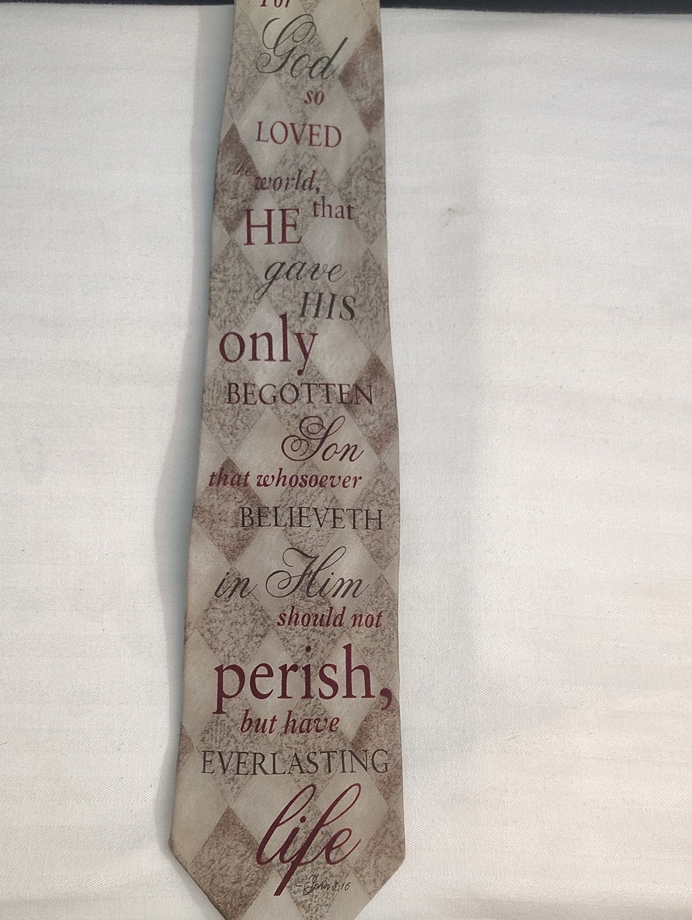 Eagles wings Silk John 3:16 Script Scripture Pattern Tie in Beige and Burgundy
